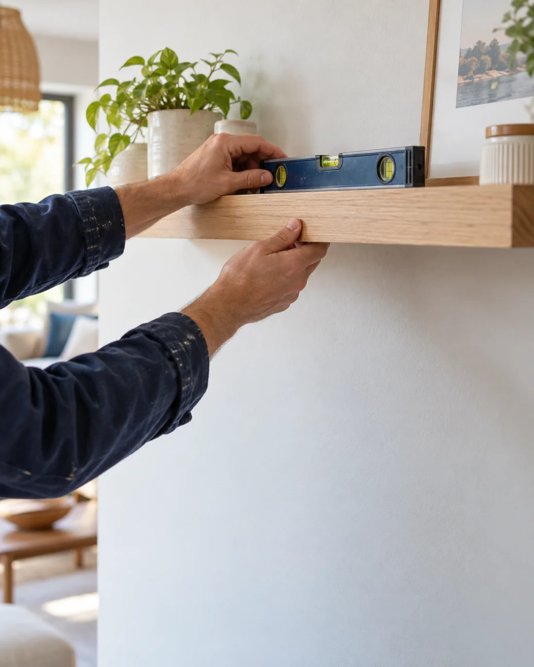 Illustration de multiservices : mesure et installation d’une étagère en bois dans une maison